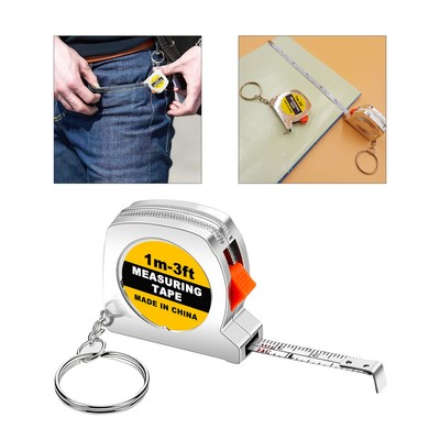 Chrome Finish Mini Measuring Tape Keychain with Brake, 1m/3' Ruler